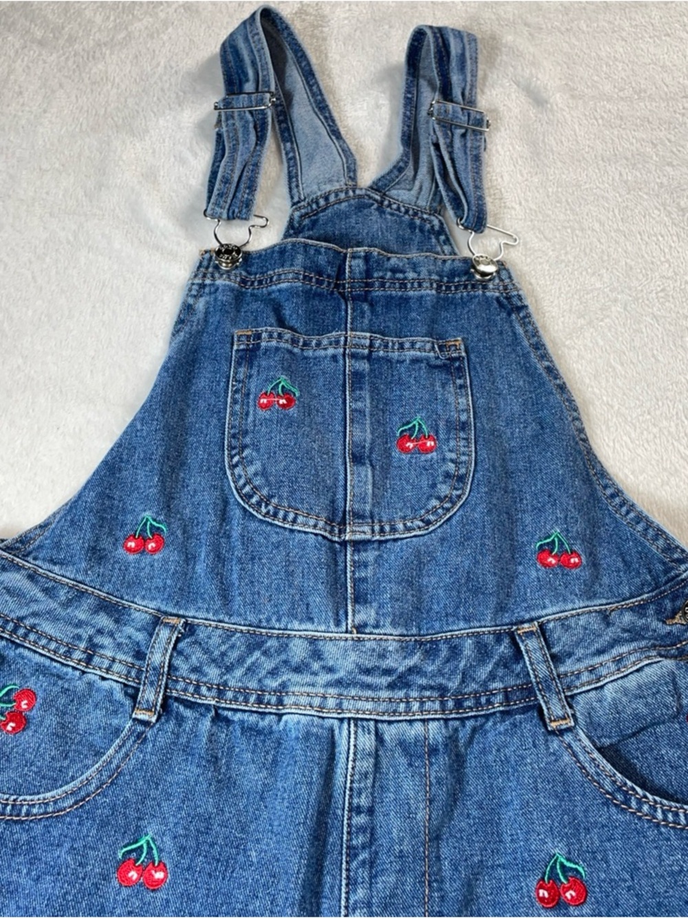 Gogo Jeans Women’s Size Med Blue Denim Overalls With Embroidered Red Cherries - Picture 7 of 16